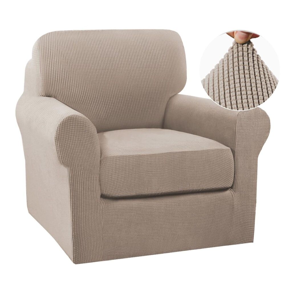 2 Piece Small Armchair Cover w/ Arms Washable Thick Jacquard Fabric (Sand)